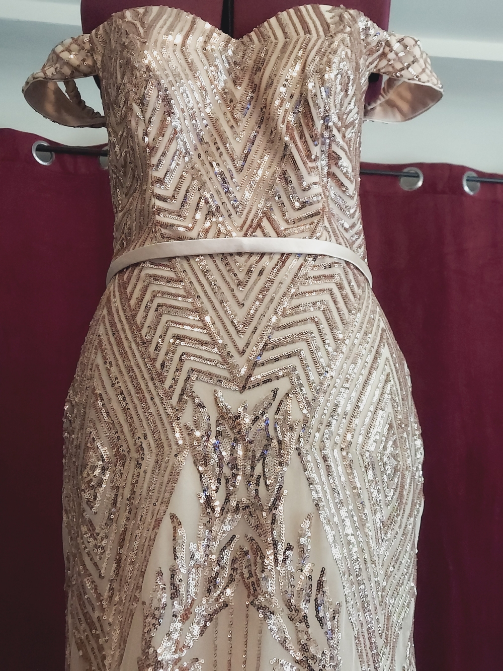 NWT Art Deco Design Rose Gold Sequin Off-Shoulder Evening Gown - Picture 6 of 11